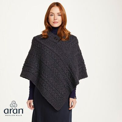 100% Merino Wool Ladies Poncho With Buttons, Charcoal Colour
